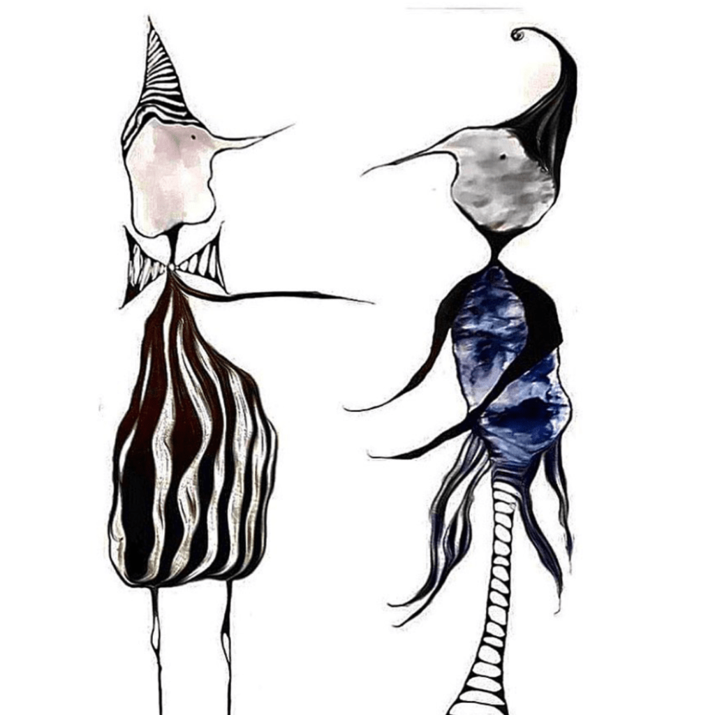 [This is an abstract art piece called "Fred and Happy" by artist Alana Guarino. It is two figures called Fred and Happy greeting each other. They are dark figures with pointy hats. One has a bowtie and wears stripes. The other sits.]
