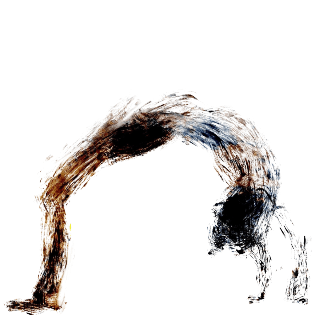 [An epileptic gesture drawing of a woman having a tonic clonic seizure. Lines are brown and filled with shadings of brown, yellows, oranges, and black. Drawing by Dominique Thiébaut.]